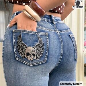 SHEIN Blue Denim Jeans with Skull Embroidery